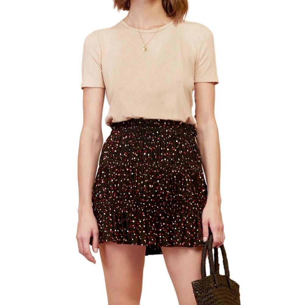 Magali Pascal womens Tiered Mini Skirt Elastic Waist Navy Floral Print M Ruffled